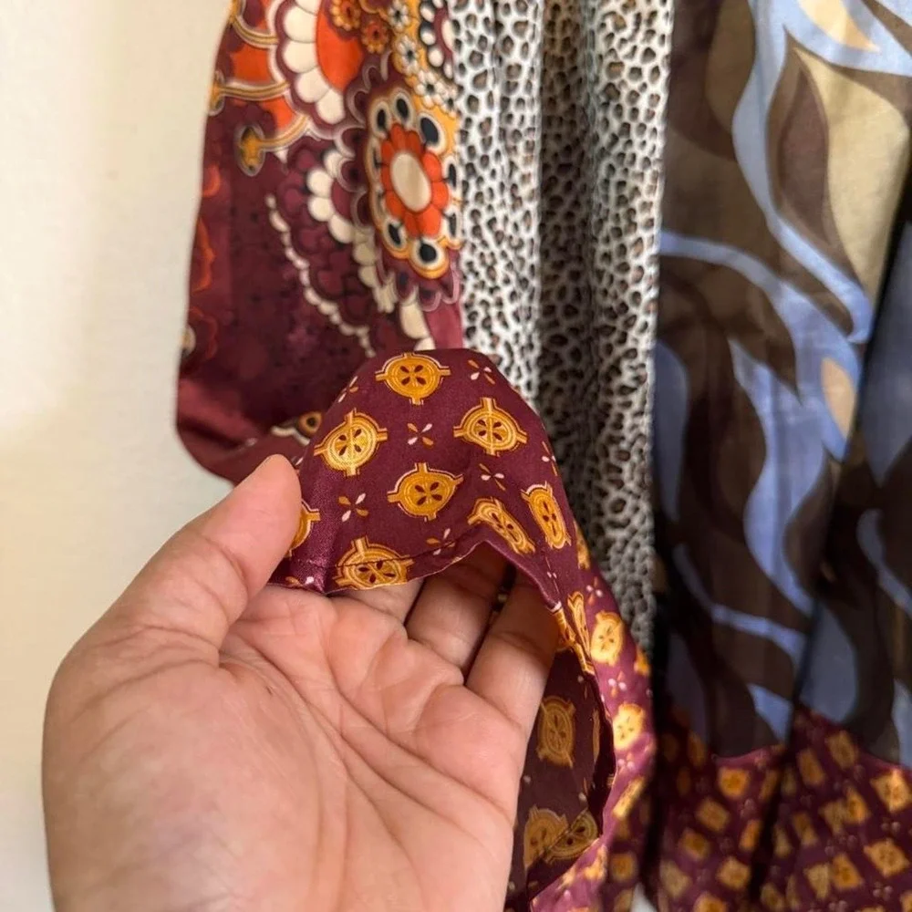 Fire Los Angeles Patchwork Skirt Womens L Brown Multi Silky Smocked Waist Y2K